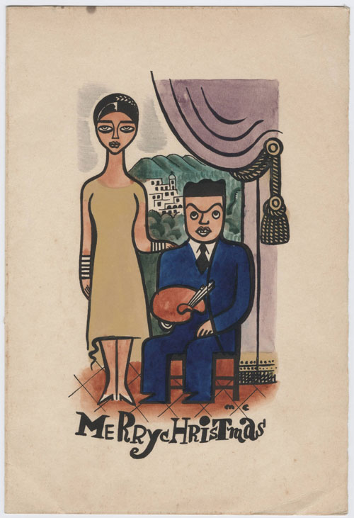 Hand painted Christmas card: Portrait of Rose and Miguel Covarrubias